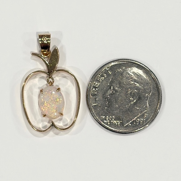 Vintage 14K Natural White Opal Apple Pendant: Filigree Gold Dangle Piece - Picture 13 of 14